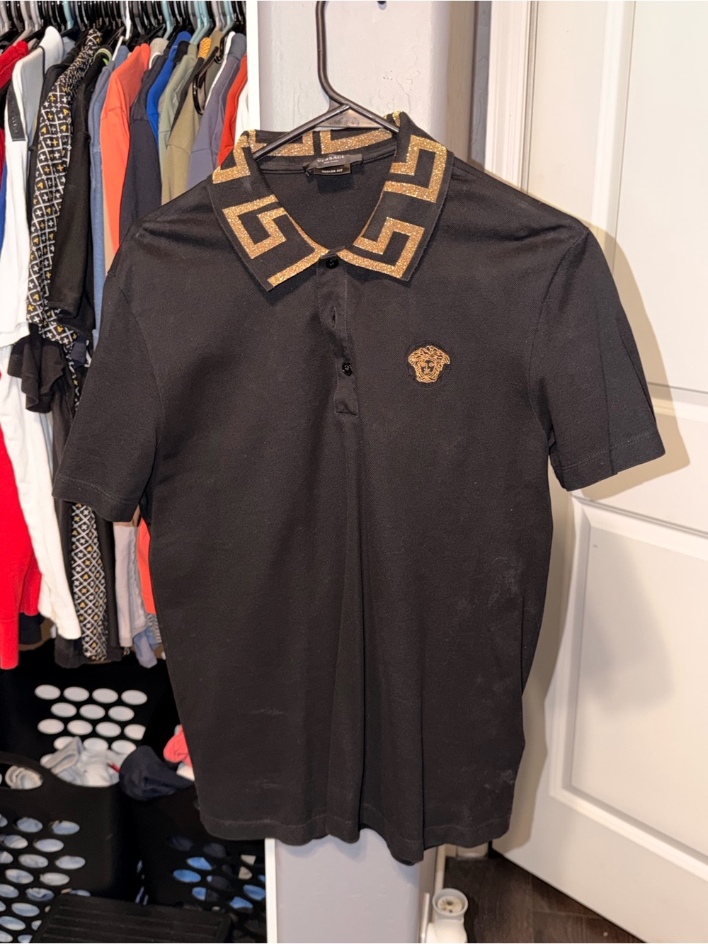 Versace Black Polo with Gold Greek Key Collar and Medusa Patch